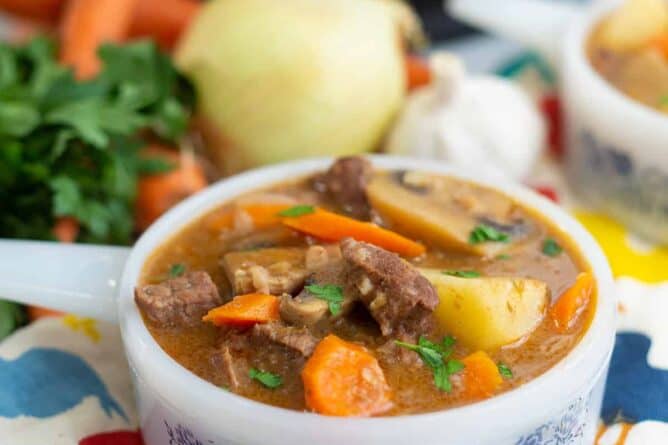 Instant Pot Beef Stew in a bowl with handle