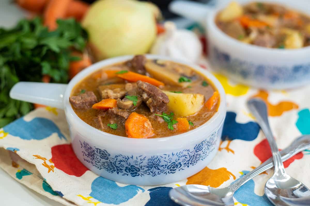  Instant Pot Beef Stew in a bowl with handle