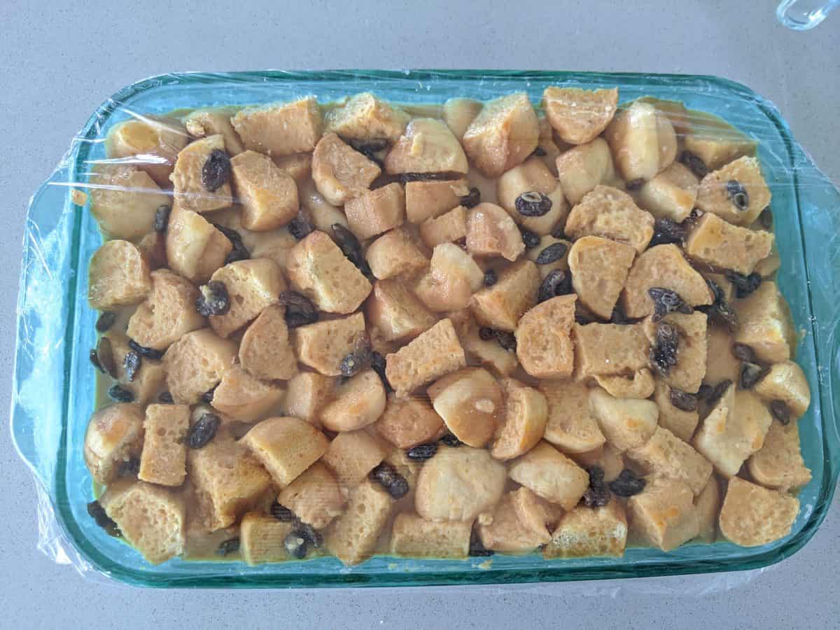 pumpkin bread pudding wrapped for refrigerating overnight 