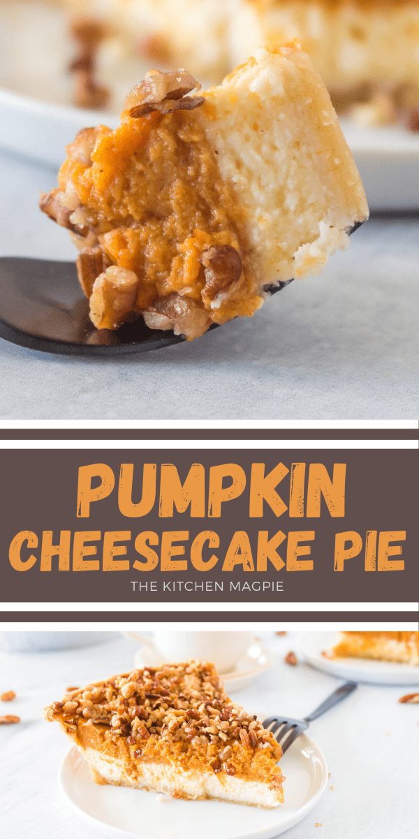 This layered pumpkin cheesecake pie has a delicious cheesecake layer, a spiced pumpkin pie layer, and a decadent pecan streusel that is sure to impress! #pumpkin #pie #cheesecake 