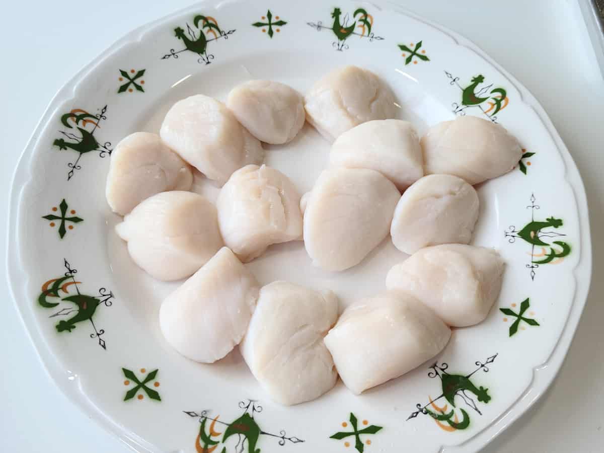 Dried pieces of scallops in a white plate
