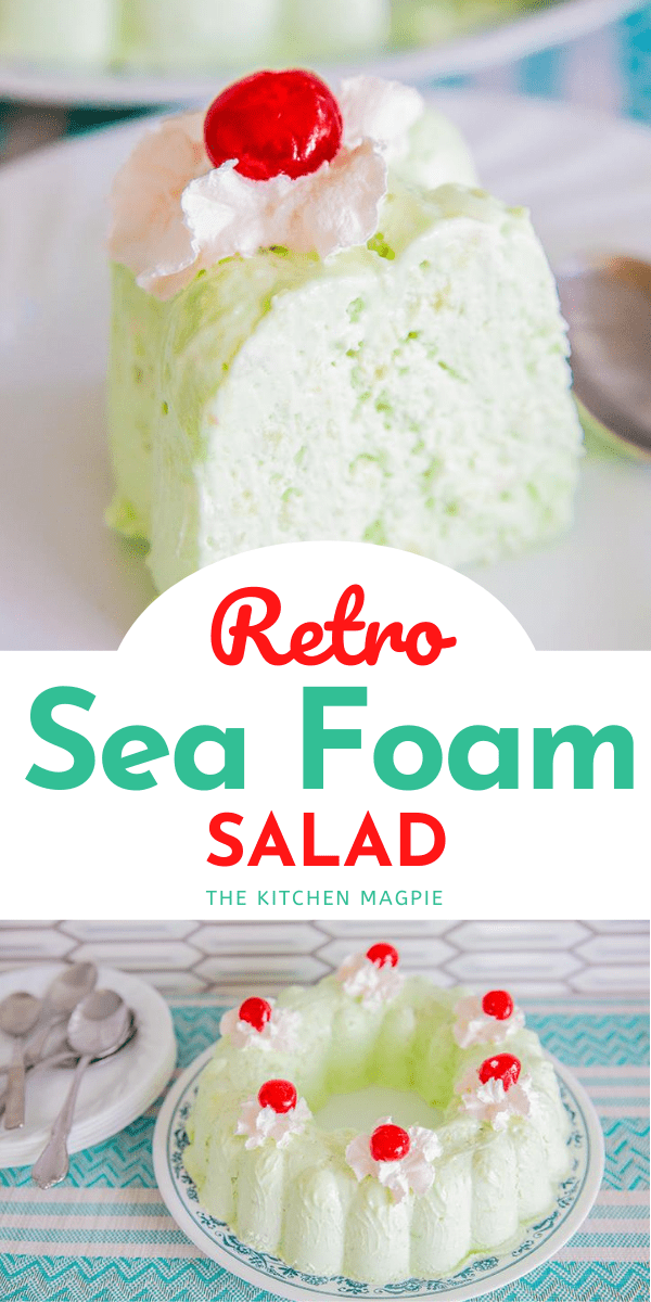 How to make a delicious and gloriously retro Sea Foam Salad! Lime gelatin, canned pears and cream cheese make this retro dessert salad a timeless favorite! #dessert #Christmas #Thanksgiving 