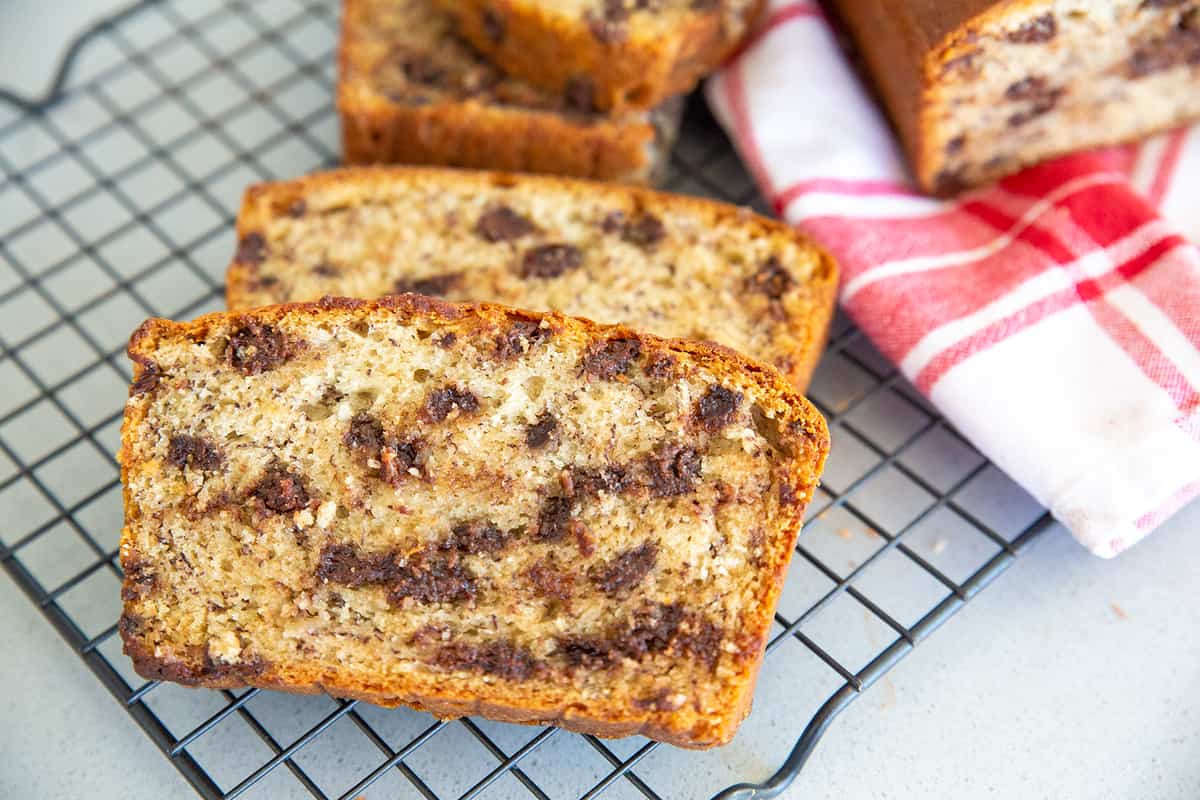 Slices of Chocolate Chip Sour Cream Banana Bread on Cooling Rack