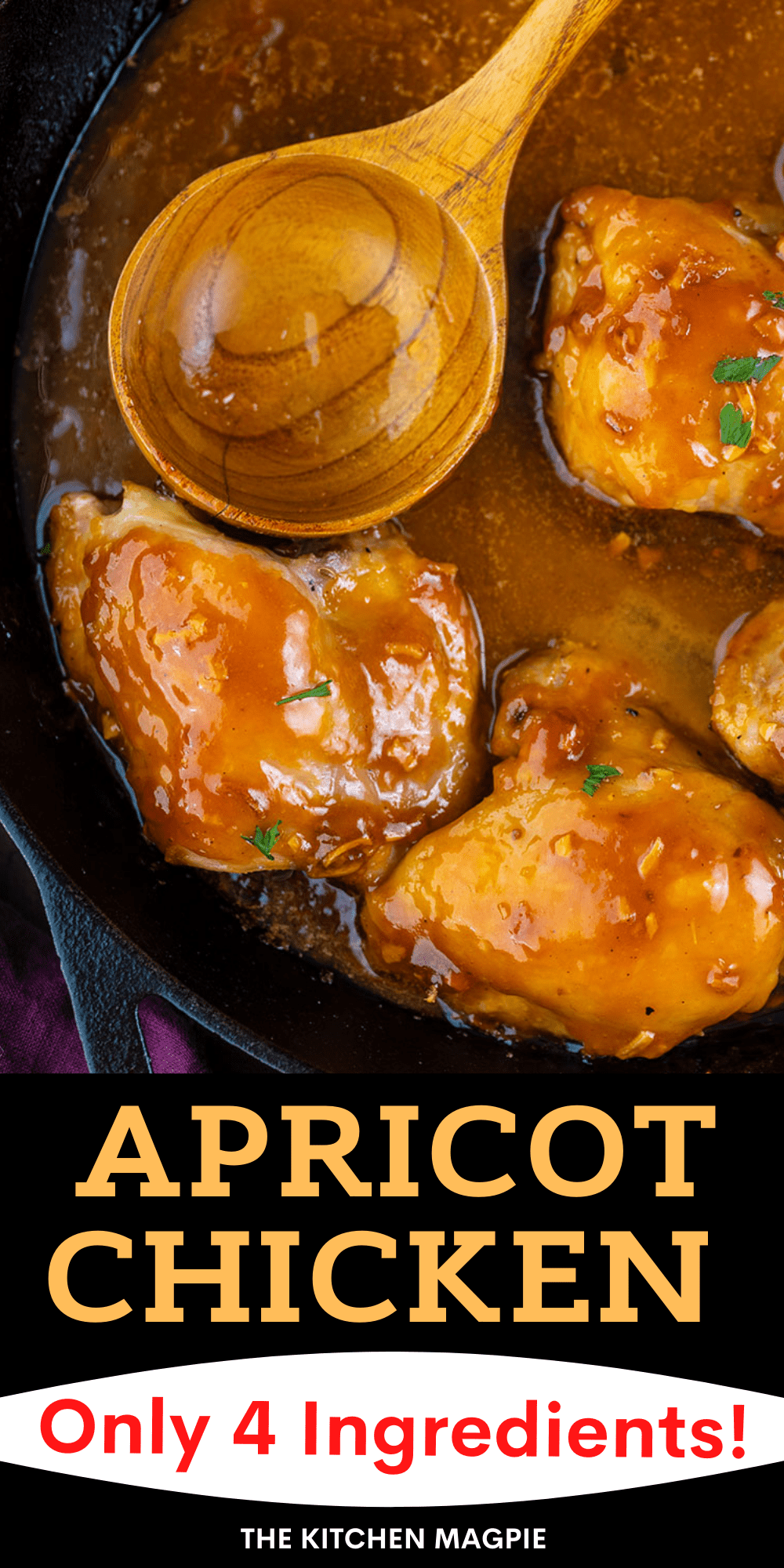 This classic apricot chicken is only 4 ingredients - apricot jam, onion soup mix, chicken, and French dressing. Sweet, sticky, and incredibly retro, you can't help but be won over by this simple apricot chicken recipe!