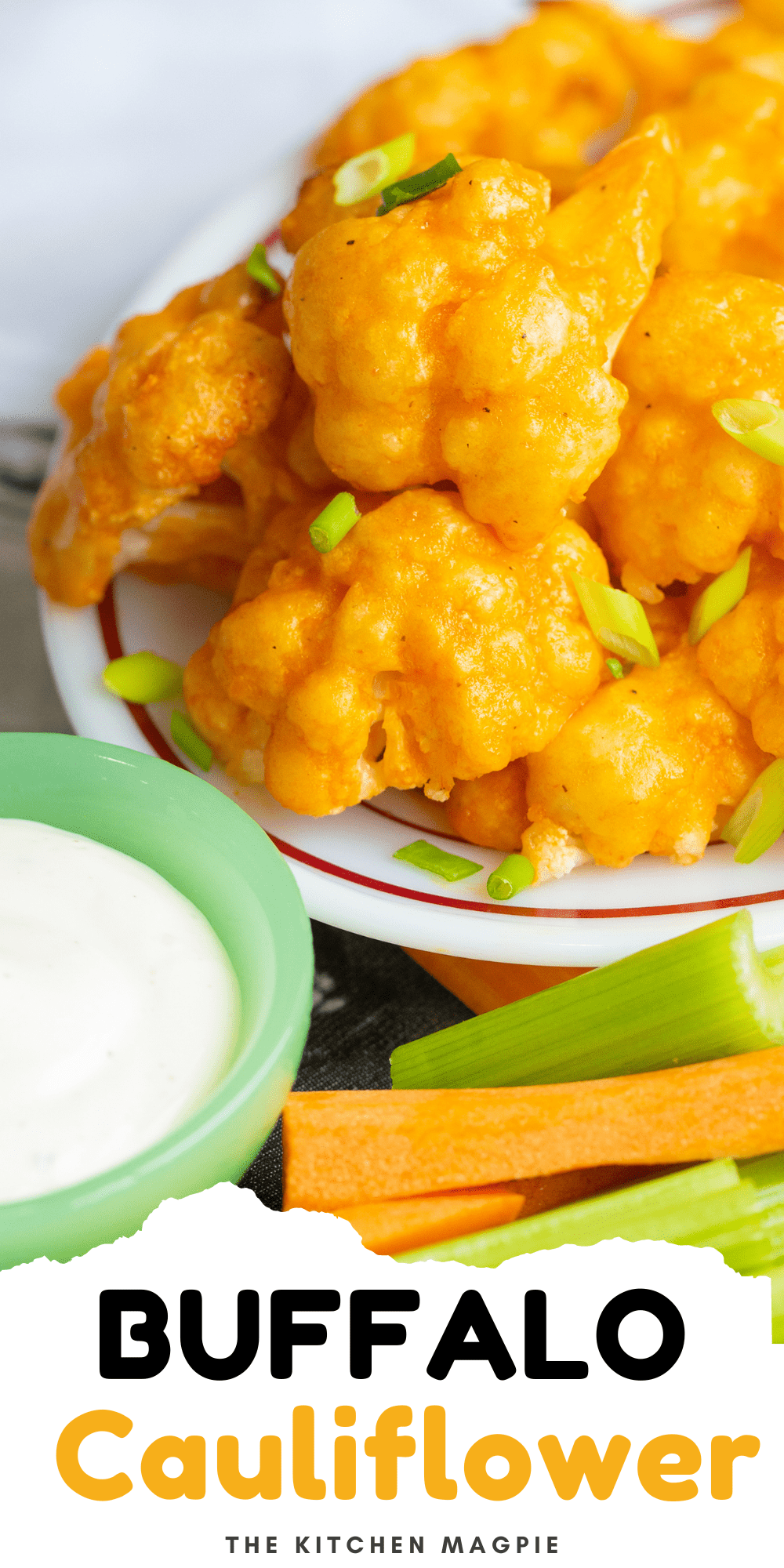 Delicious lightly battered buffalo cauliflower bites that are baked in the oven. The perfect side appetizer or game day snack! 