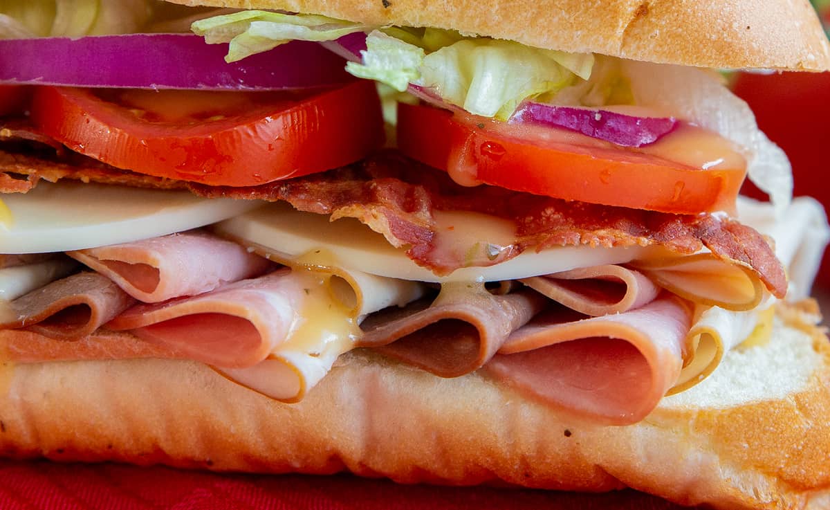 close up of layers in a submarine sandwich