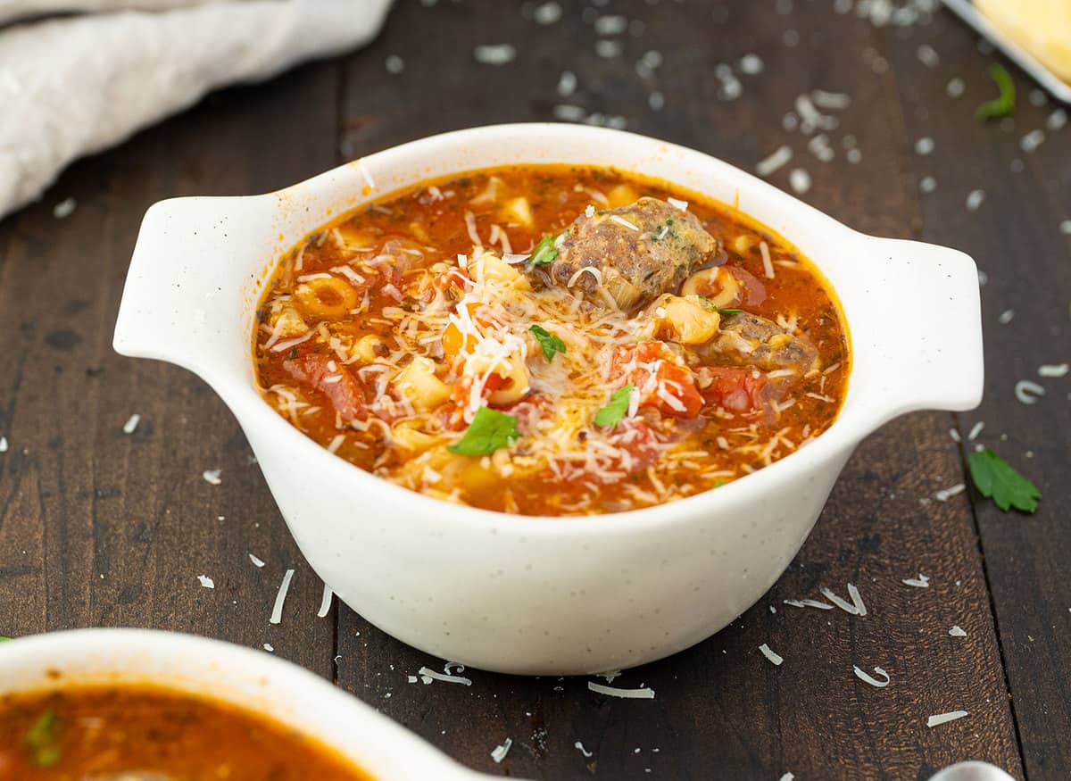 Meatball Soup in a large white bowl