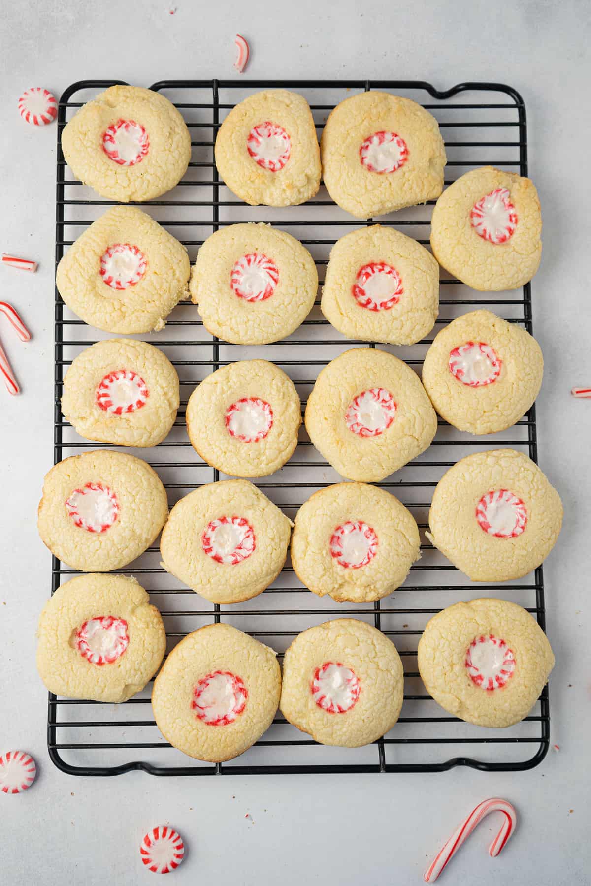 Peppermint filled cookies on a cooling tray