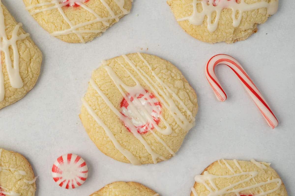 Cream Cheese Cookies on a tray with candy cane and mint candies