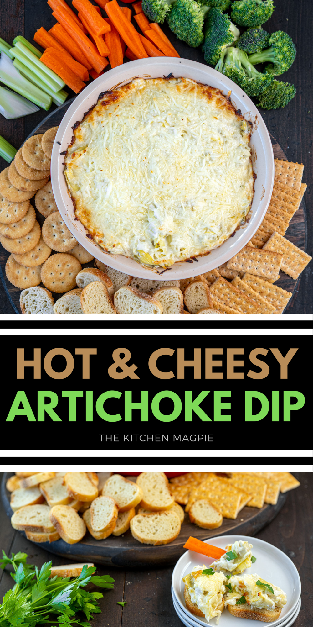 This hot, cheesy artichoke dip is the perfect easy-to-make hot appetizer and a definite crowd pleaser!