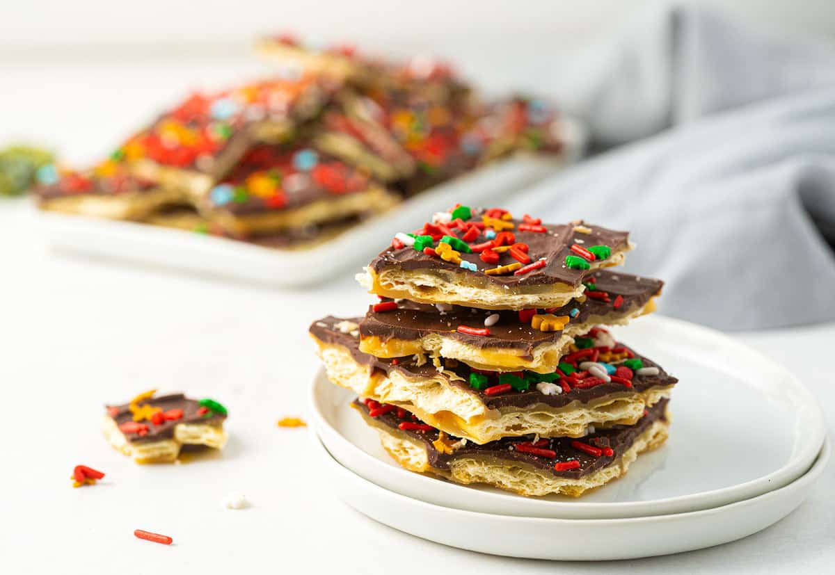 Christmas crack stacked on a plate 