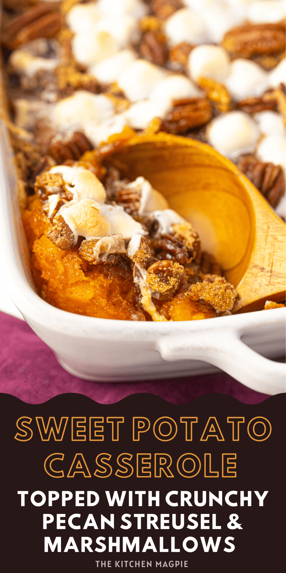 This easy sweet potato casserole with marshmallows uses freshly roasted sweet potatoes and can be made the day before!