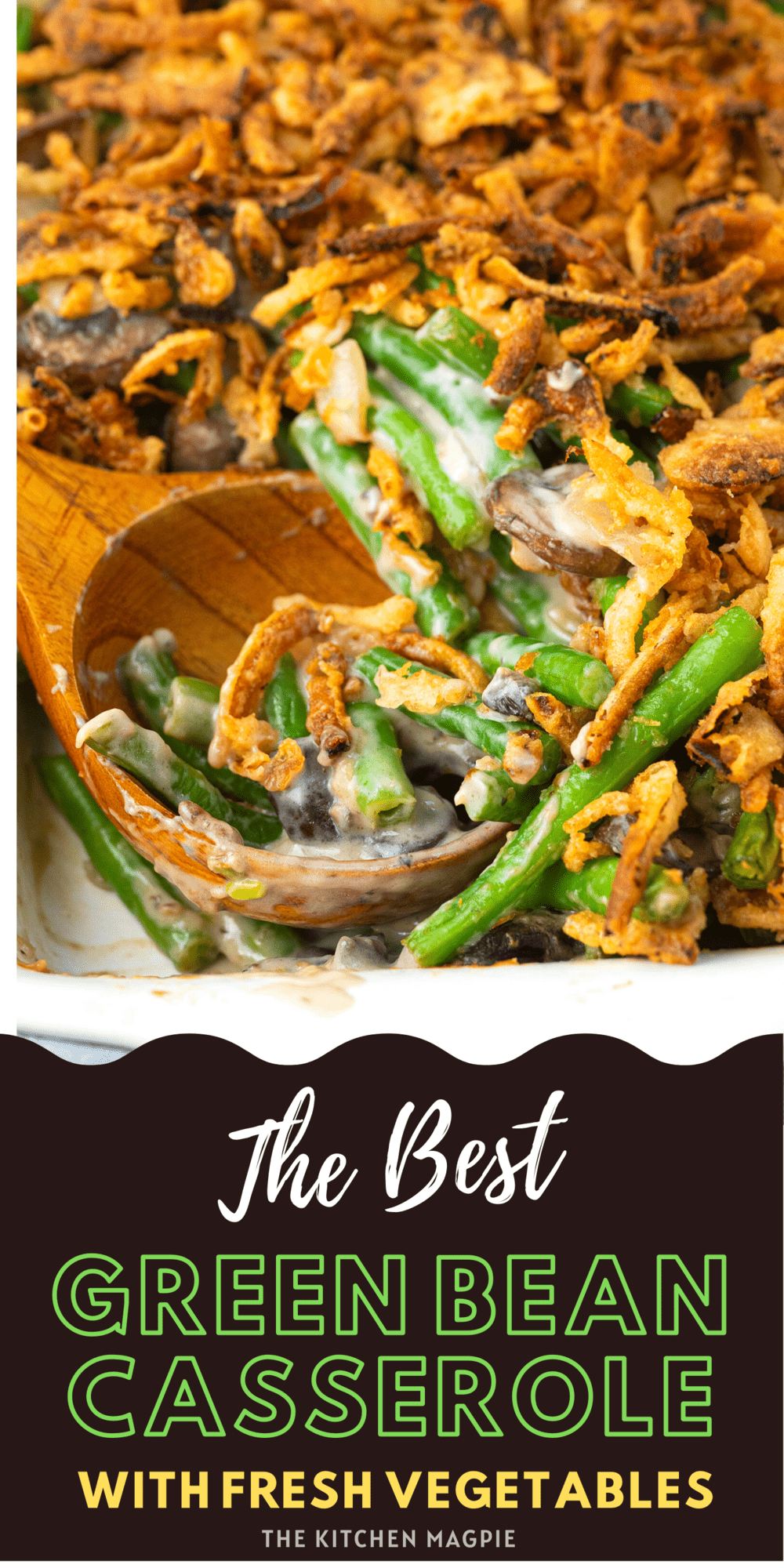 This green bean casserole uses fresh green beans, mushrooms and onions, but still has that classic taste with cream of mushroom soup and crispy onion topping!