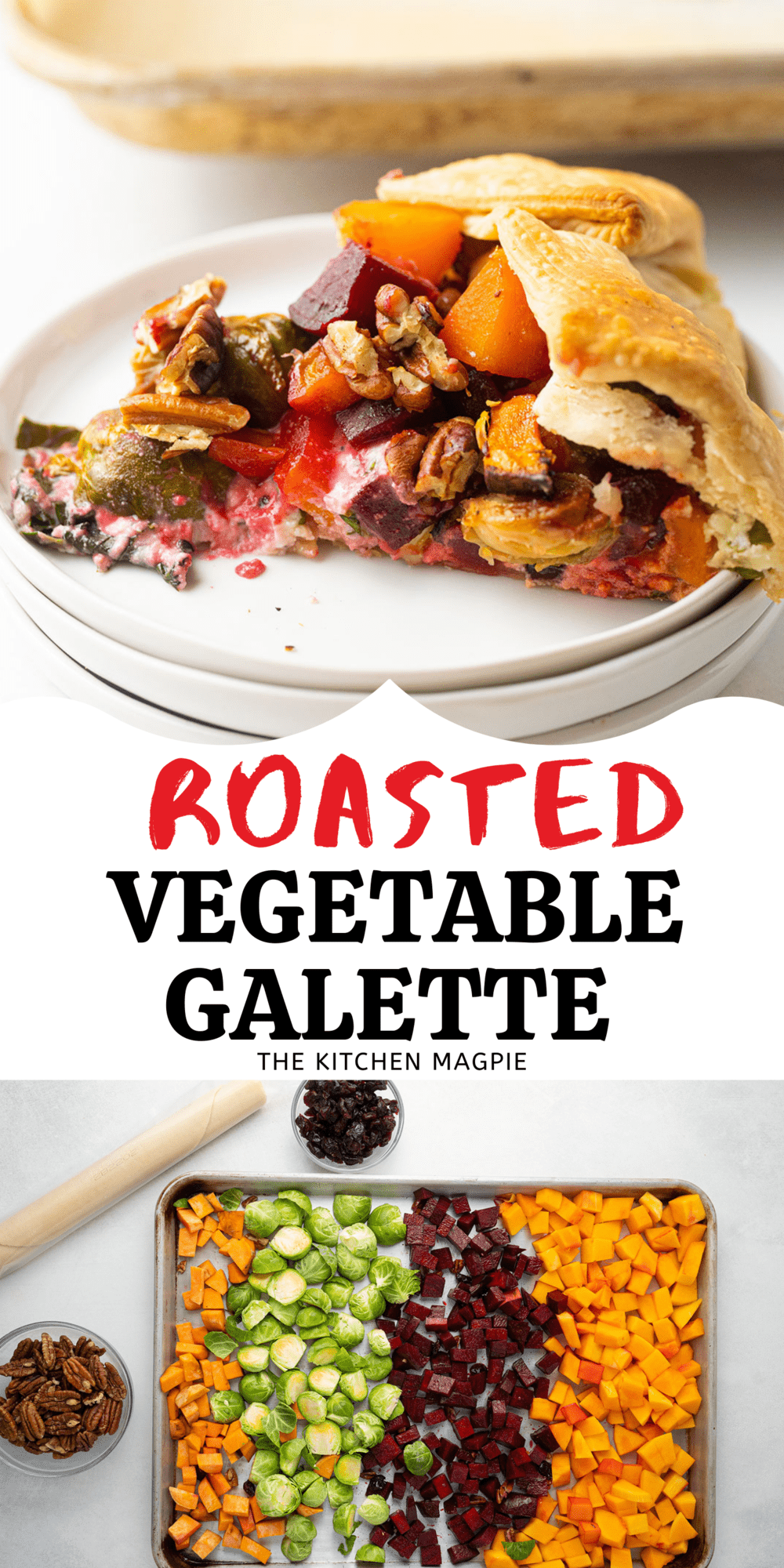 This savory galette is loaded with roasted vegetables, dried cranberries for a sweet pop and a garlic ricotta cheese!