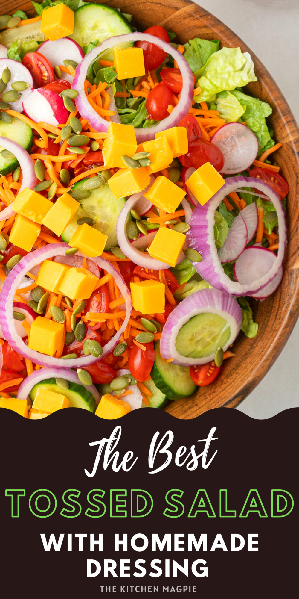 This classic tossed salad is loaded with healthy vegetables and takes mere minutes to make. Always a crowd pleaser with the cheddar cheese!