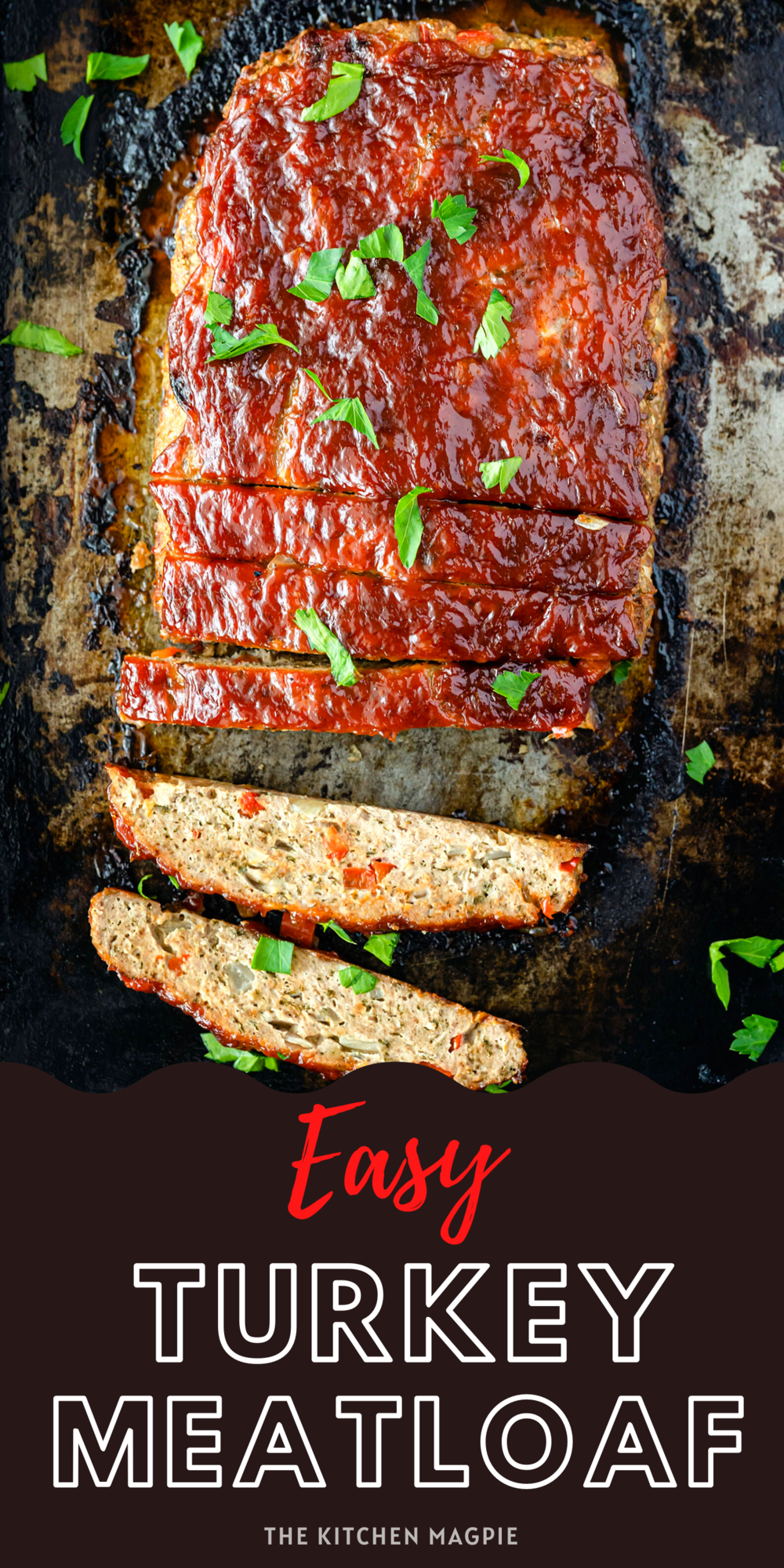 This tender, moist turkey meatloaf is bursting with flavor thanks to red peppers and onions in the meatloaf and a spiced brown sugar ketchup sauce topping it! 