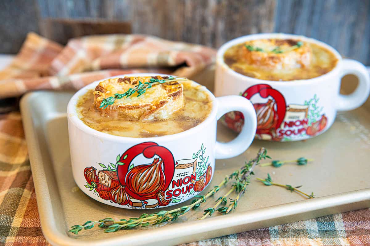 French Onion Soup in a white handled bowl