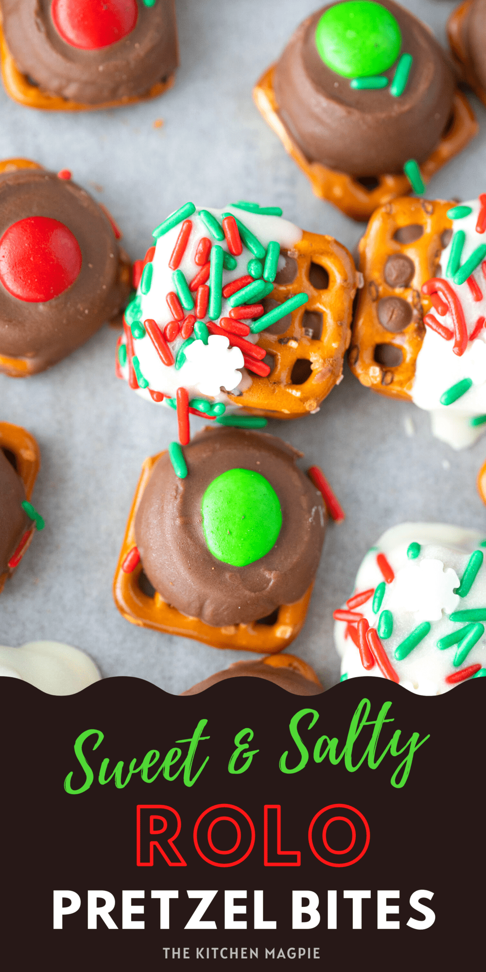 These Rolo Pretzel Bites are sweet, salty and so easy to make for any holiday! Simply change the color of the sprinkles or candies to match the occasion! 