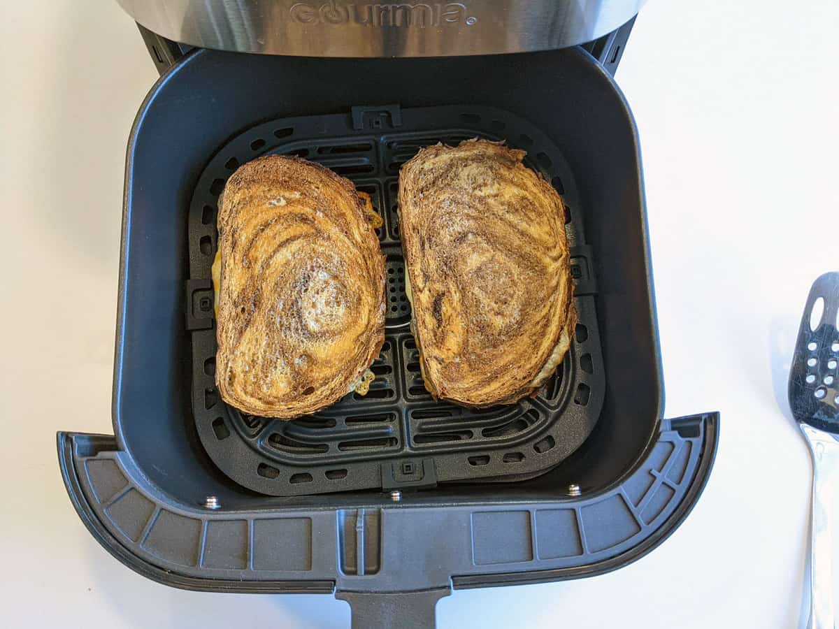 Finished Air Fryer Grilled Cheese on Marble Rye