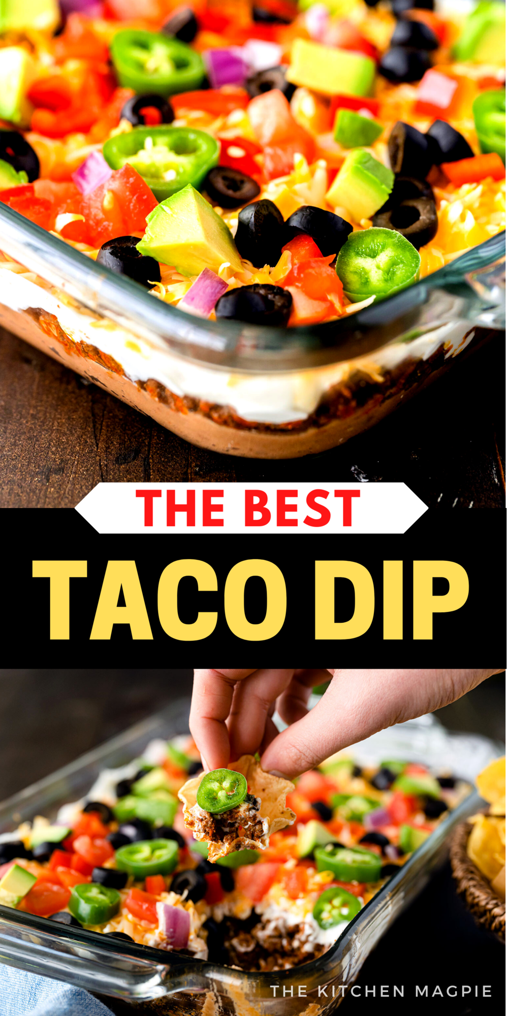 Taco dip with layers of real taco meat, sour cream, refried beans, cheese, tomatoes, olives, avocado and more! This is the ultimate taco dip!