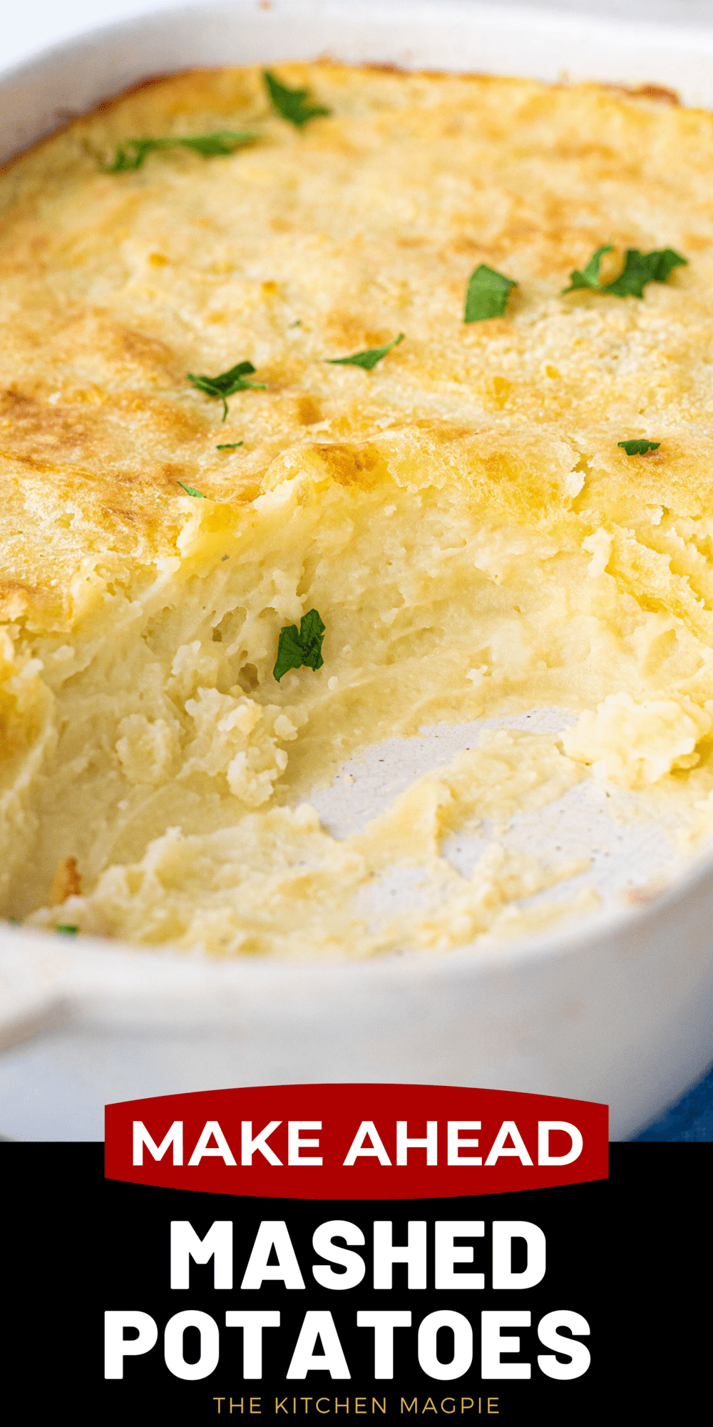 Fluffy, decadent mashed potatoes made ahead of time and then baked in the oven for a buttery, crispy exterior. A perfect side dish.
