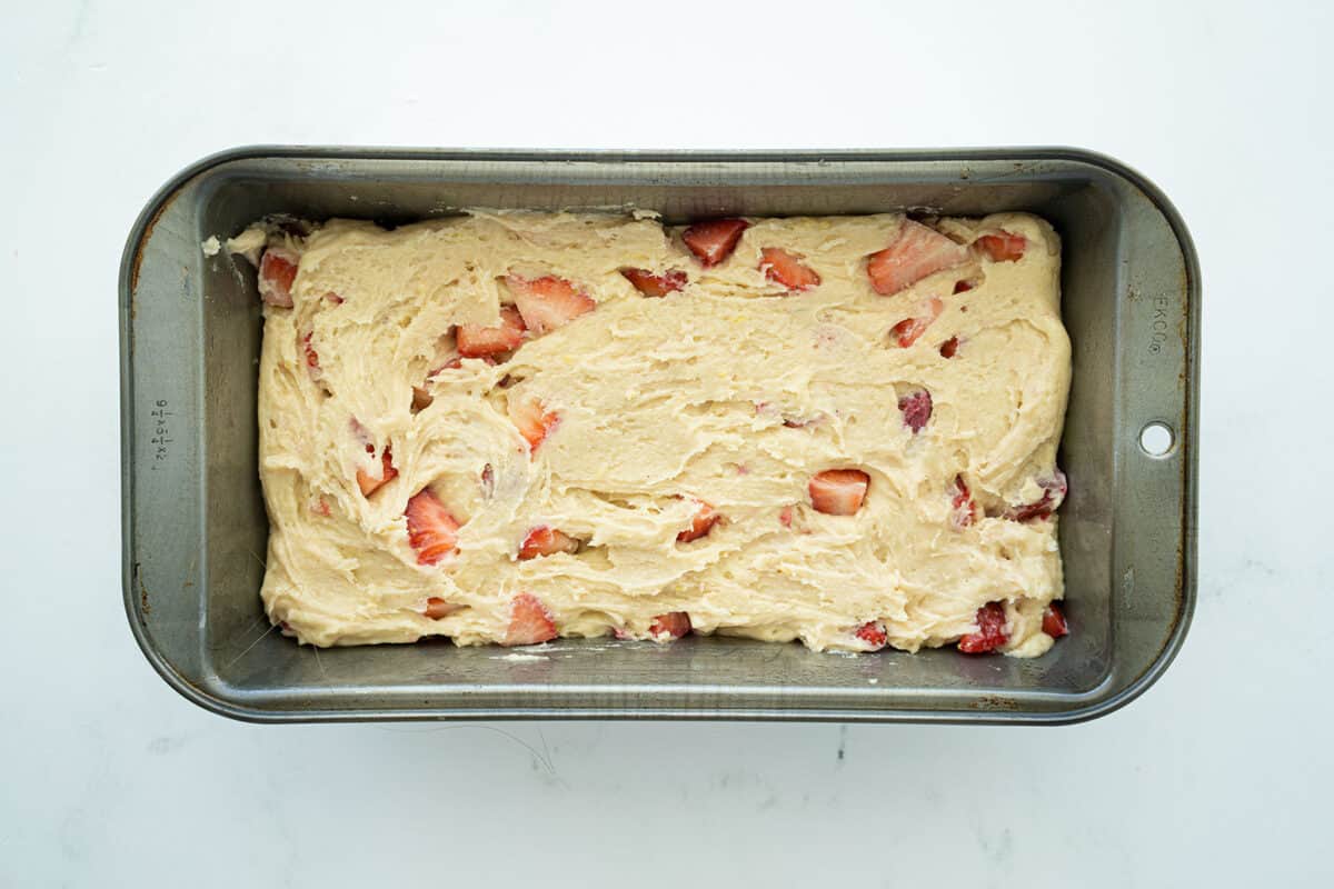 Strawberry Bread batter in the loaf pan, ready to bake.