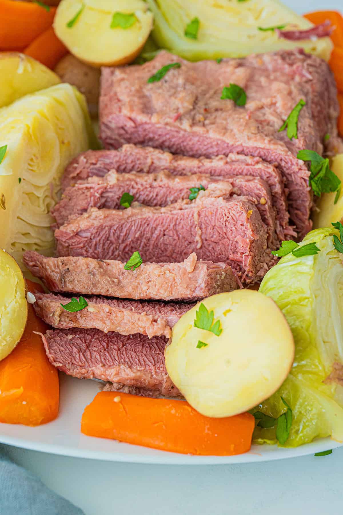 Corned Beef and Cabbage sliced on a platter