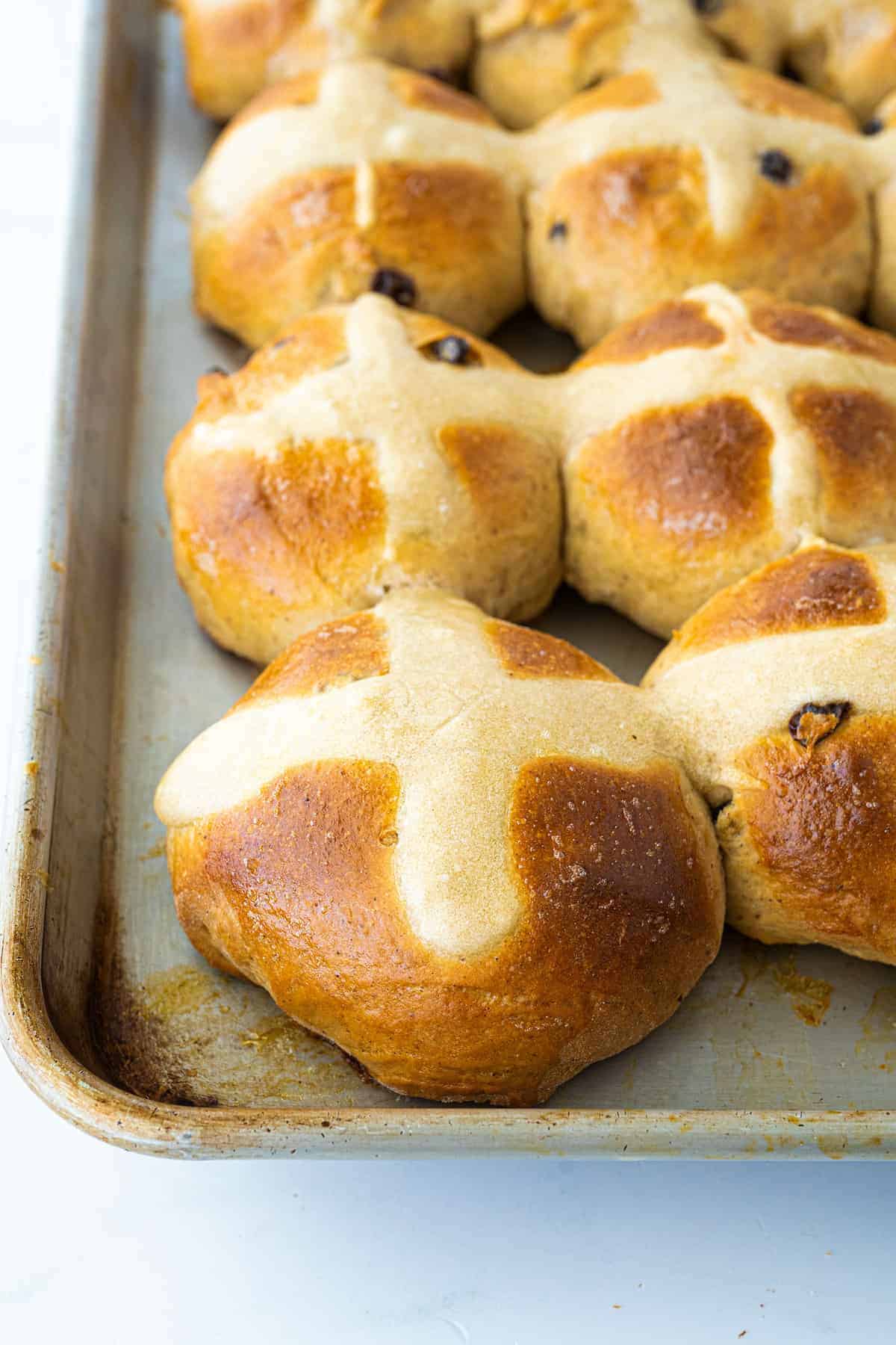 Hot Cross Buns on a baking sheet