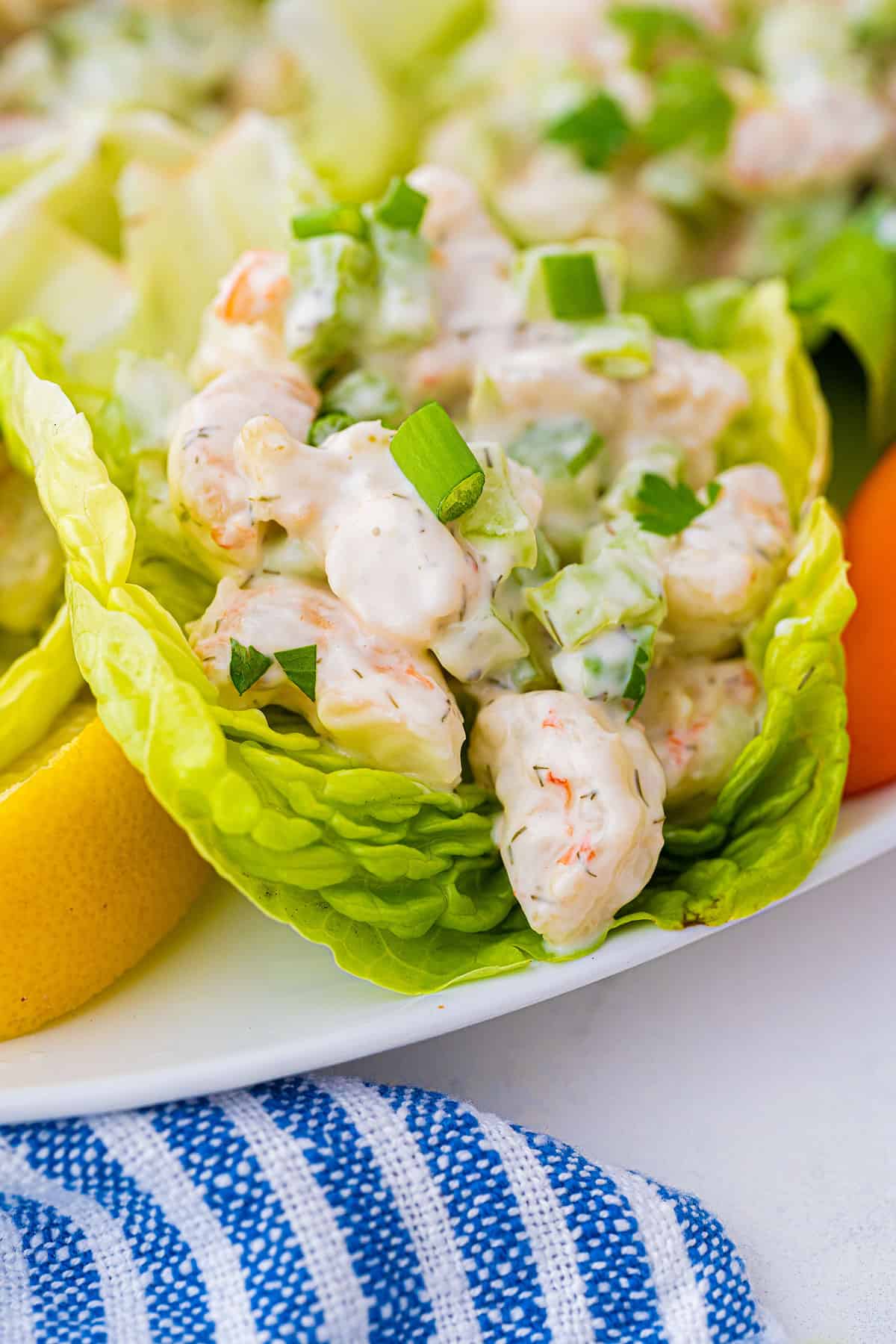 shrimp salad on a white plate in a lettuce cup