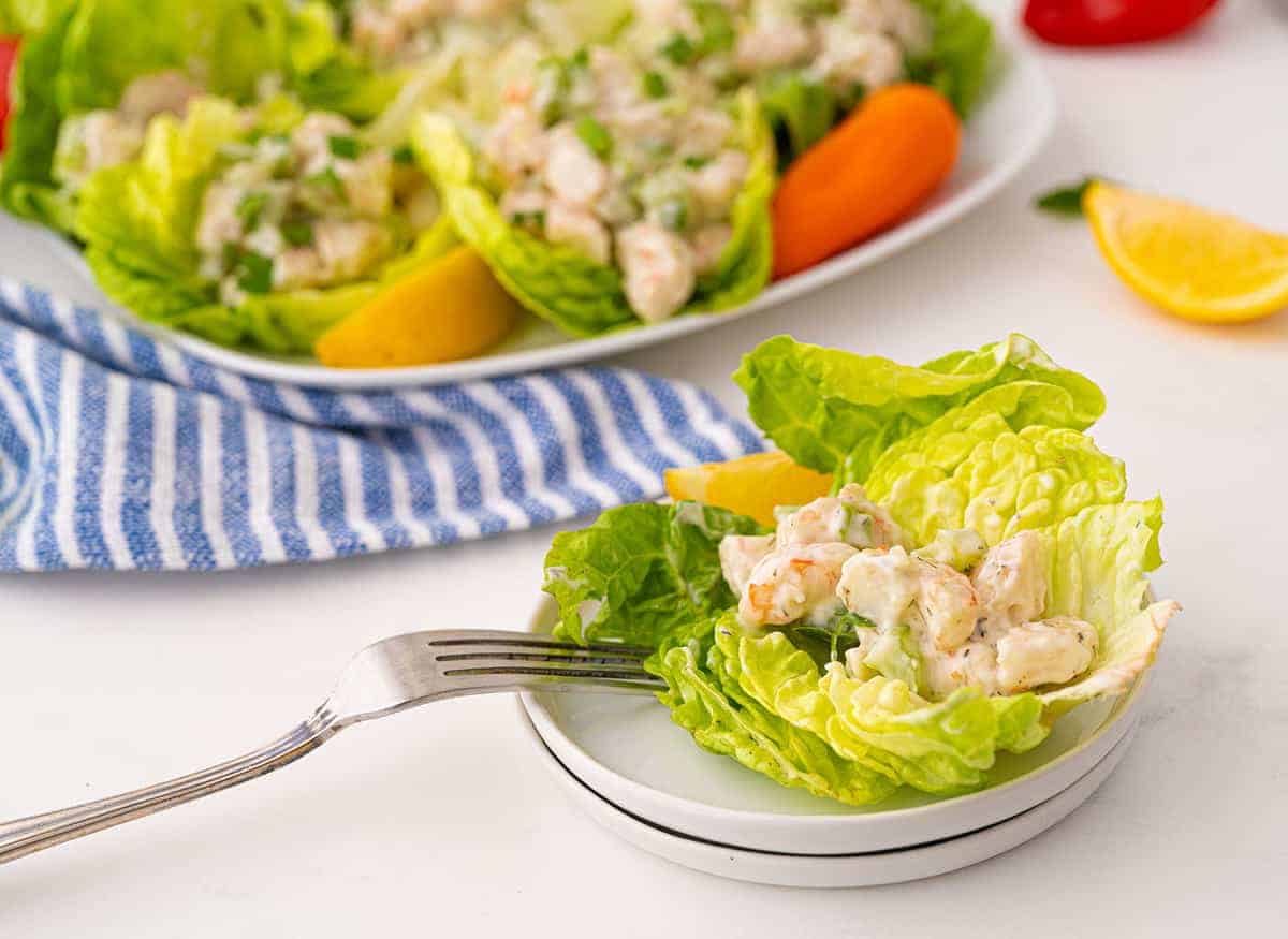 shrimp salad on a white plate