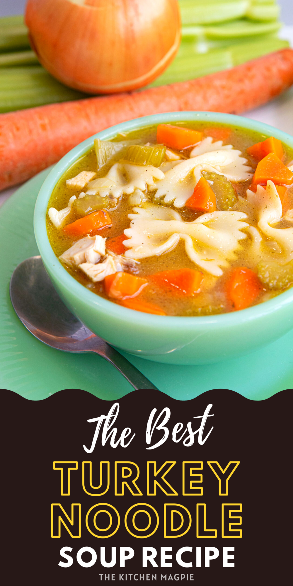 The best turkey noodle soup! Flavorful homemade turkey stock, tender vegetables and bowtie noodles make this a hit with the whole family!
