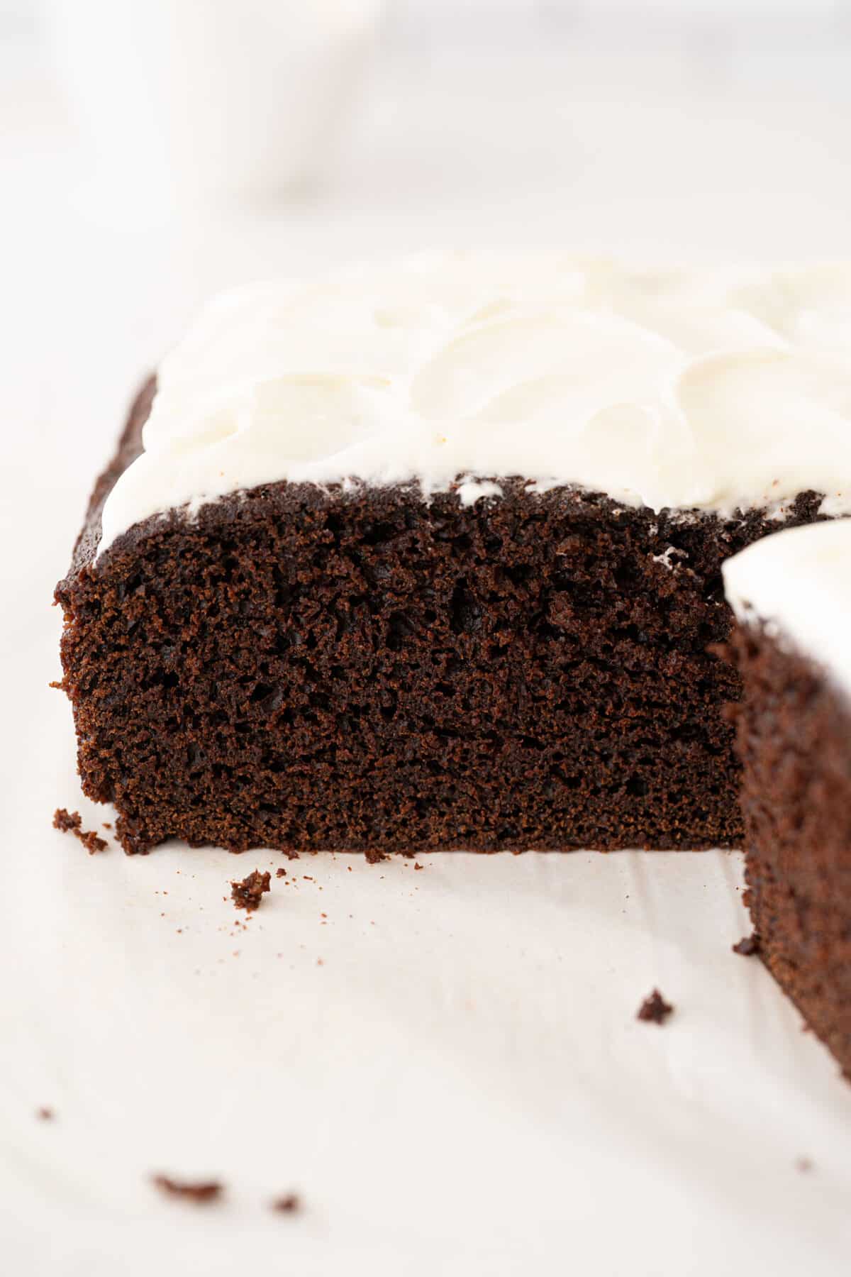 large slice of chocolate cake with buttercream frosting 