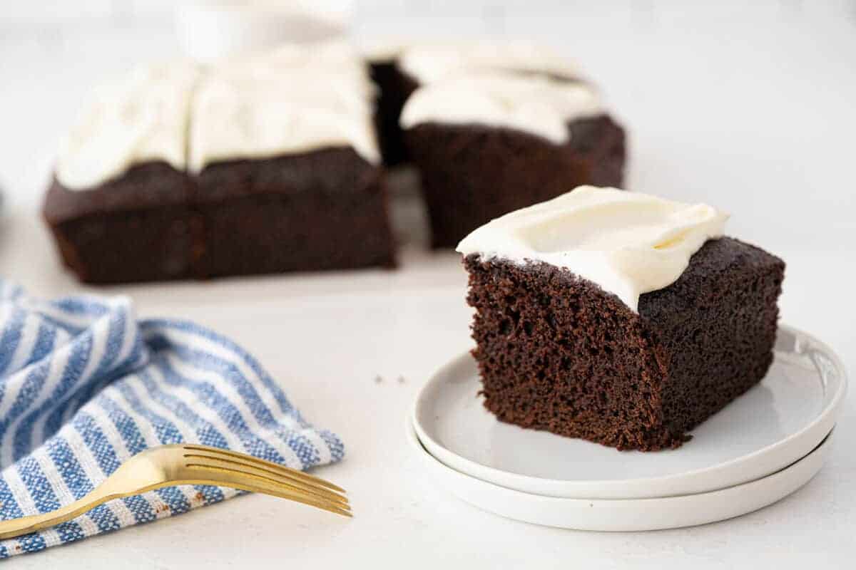 chocolate cake on a white plate 