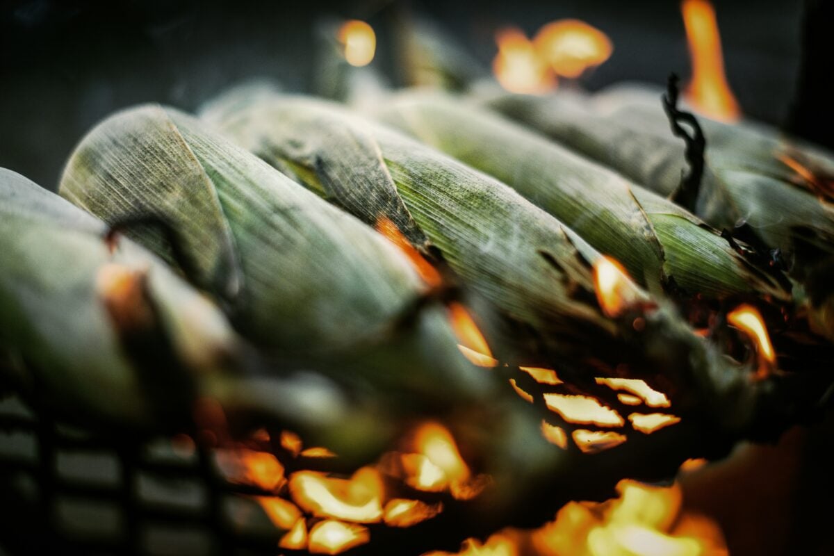 Several ears of corn, still in their husks, are being roasted over an open flame on a grill, with fire and charred husks visible.