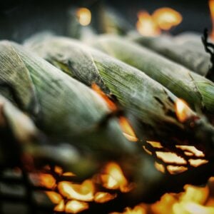 Several ears of corn, still in their husks, are being roasted over an open flame on a grill, with fire and charred husks visible.