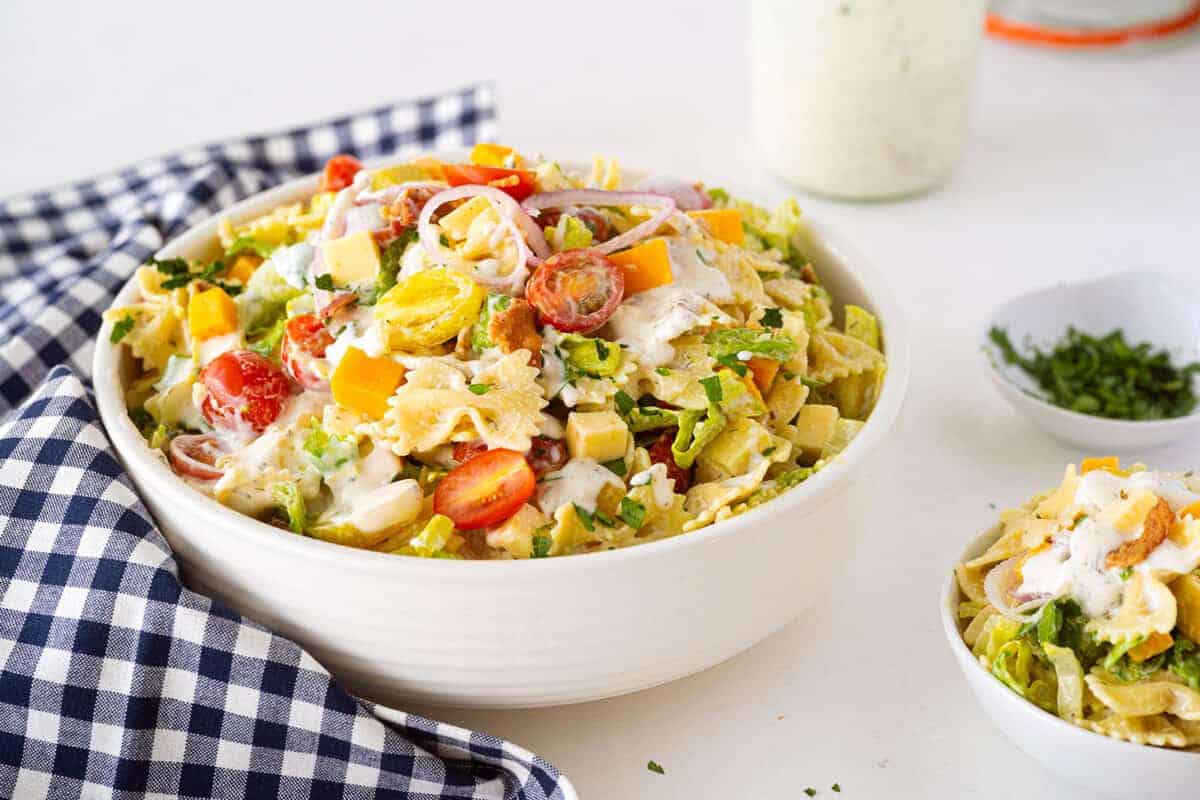 BLT Pasta salad in a white bowl