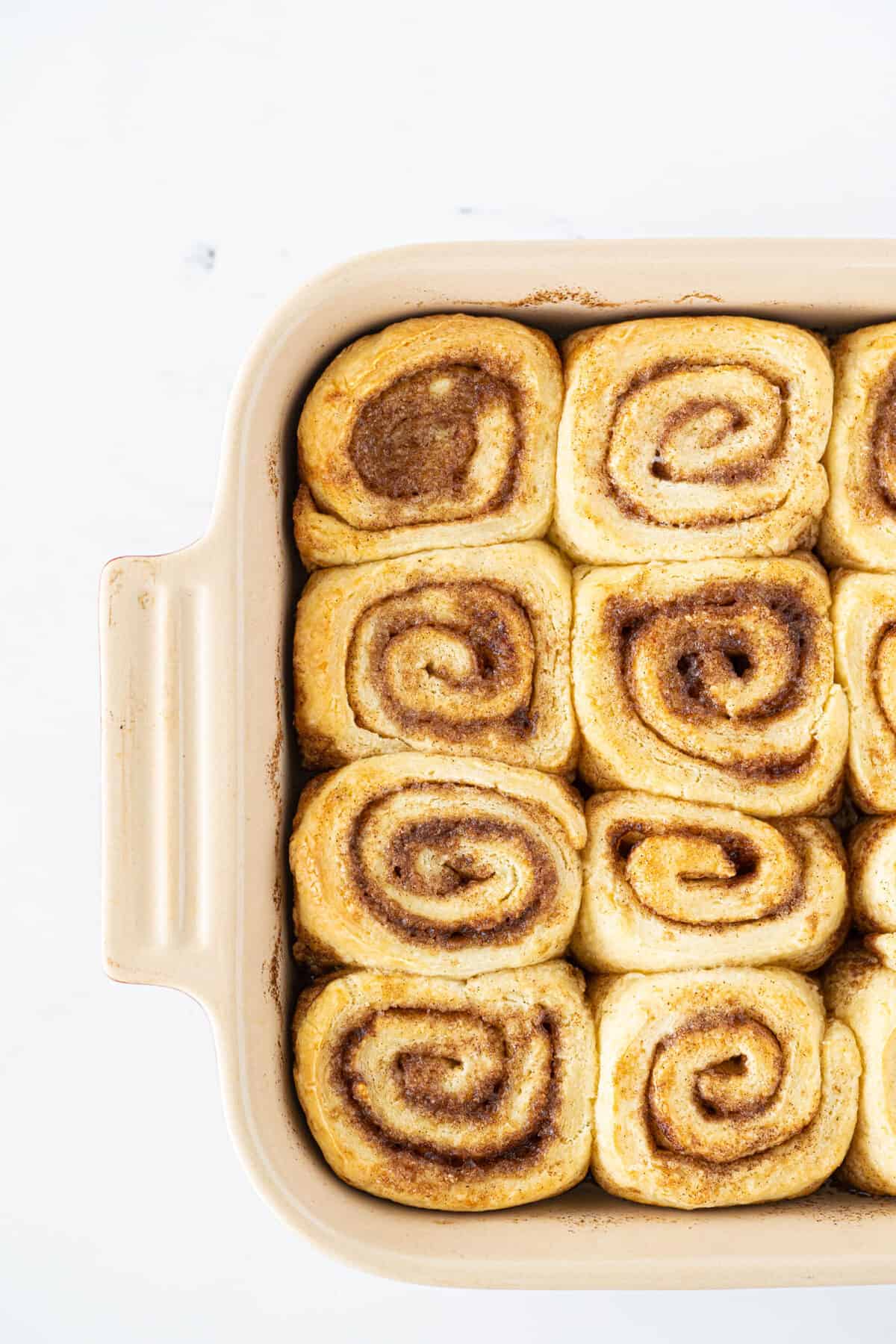bisquick cinnamon rolls in a pan fresh out of the oven