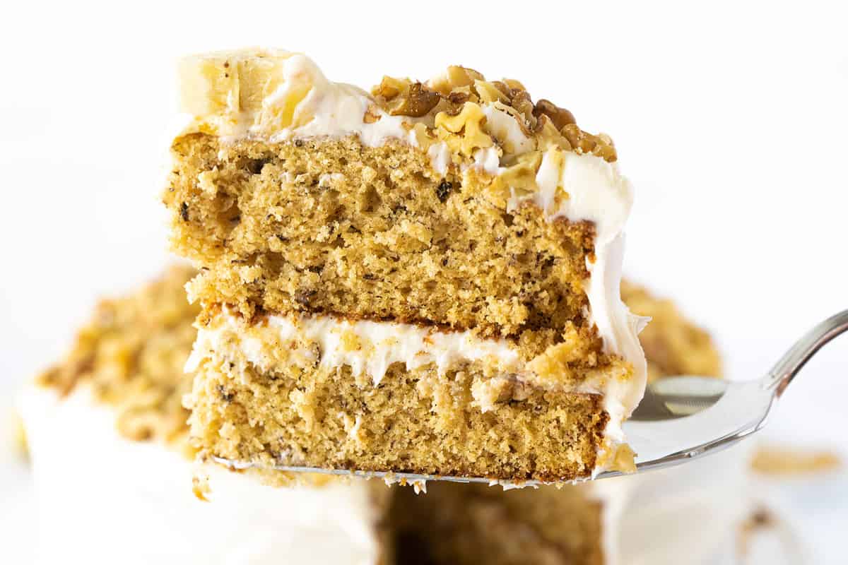 Moist banana cake topped with creamy frosting.
