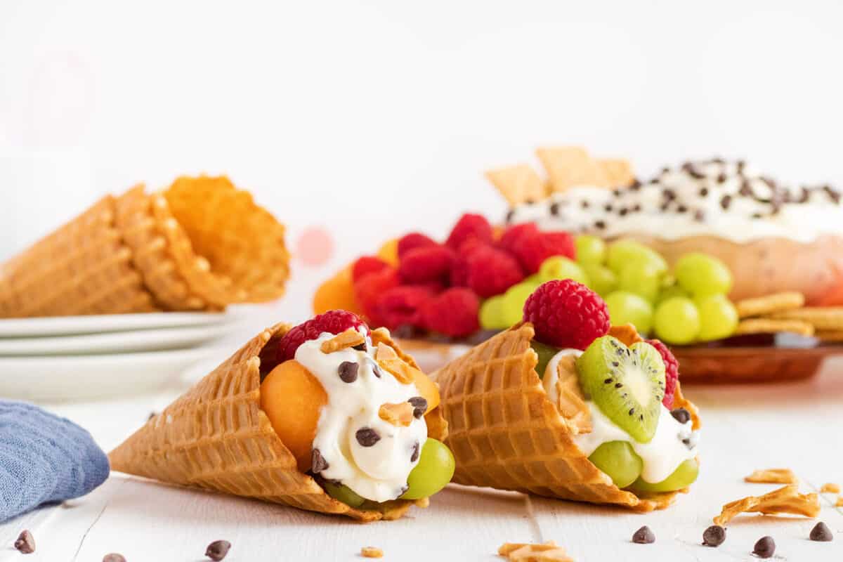 cannoli dip in waffles cones with fruit 