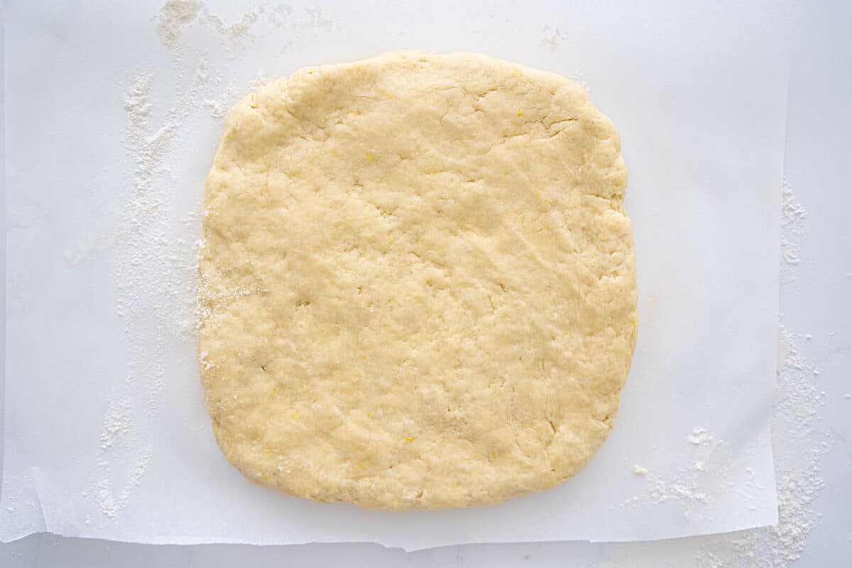 lemon scone dough rolled into a square