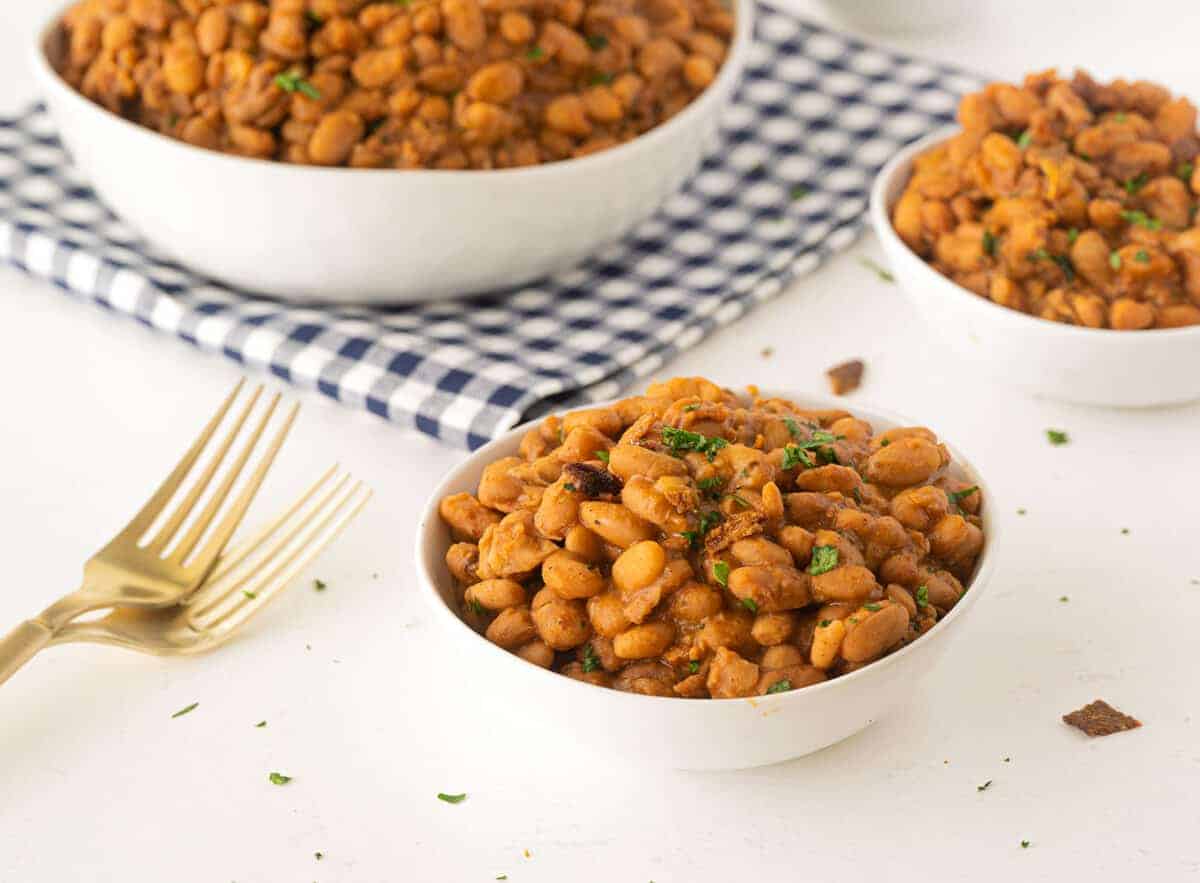 Ranch style beans in a white bowl 