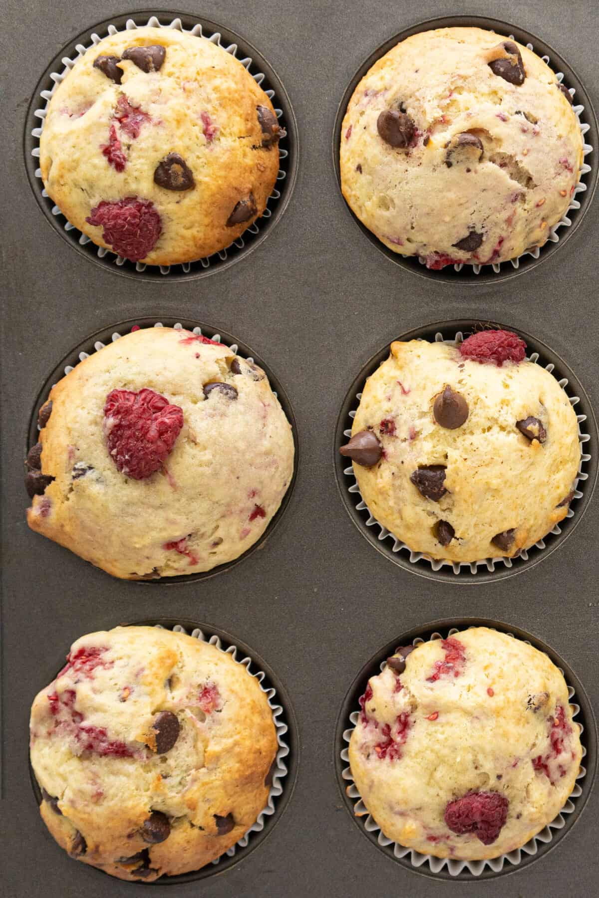 Top down shot of cooked raspberry muffins, chocolate chips poking out.