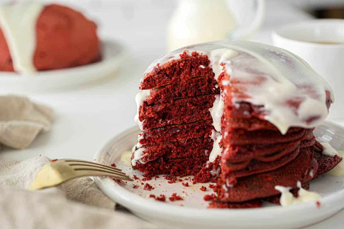 stack of red velvet pancakes