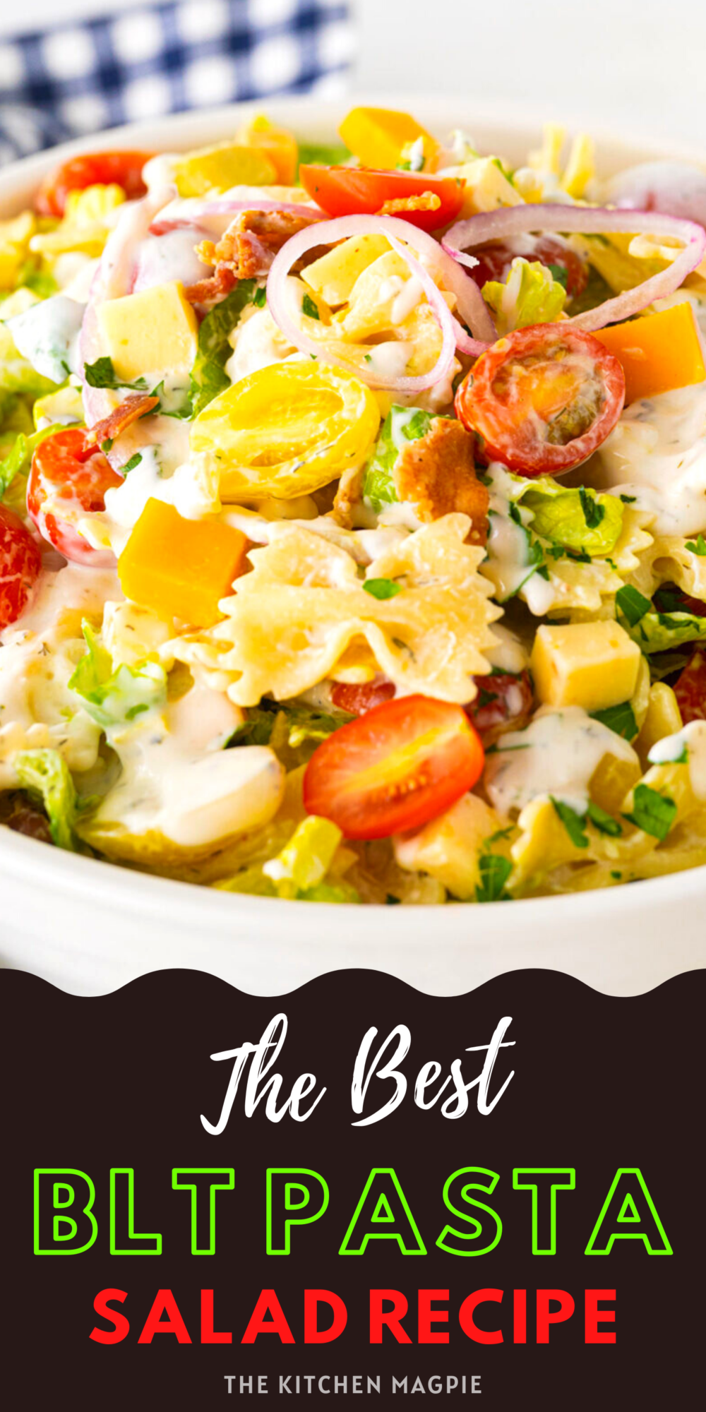 Fantastic BLT pasta salad with bacon, lettuce, tomatoes, two types of cheese and tangy Ranch dressing! The perfect side dish for BBQ's, or eat it as a meal!