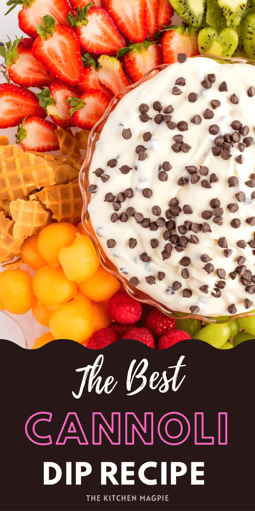 This sweet and creamy cannoli dip has ricotta and cream cheese (or mascarpone) and is perfect for a fruit dip, sweet crackers, waffles cones and more!