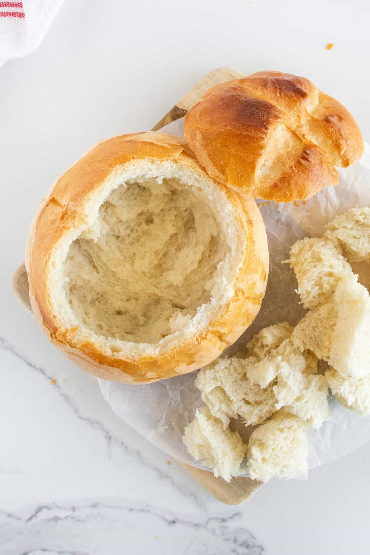 Hollowed out bread bowls.