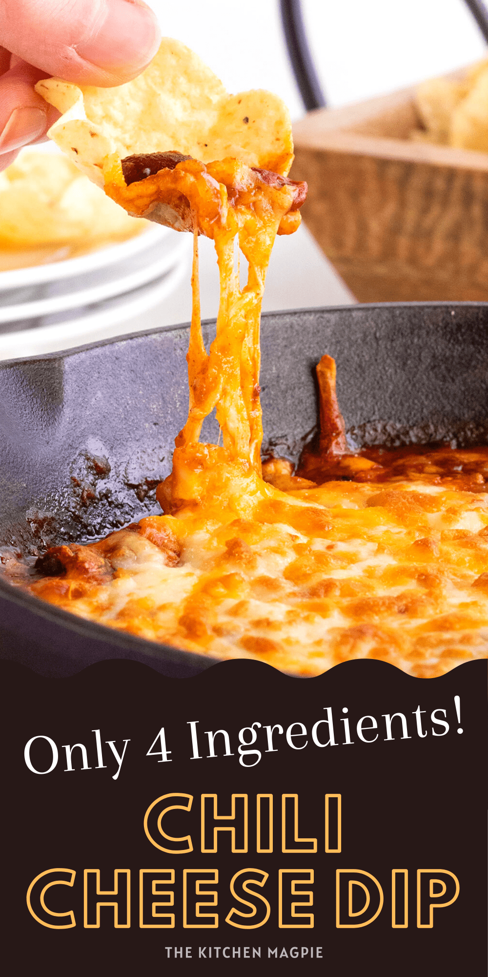 This delicious, hot, melty chili cheese dip is only 4 ingredients! This is the perfect fast dip for your game day or holiday party!