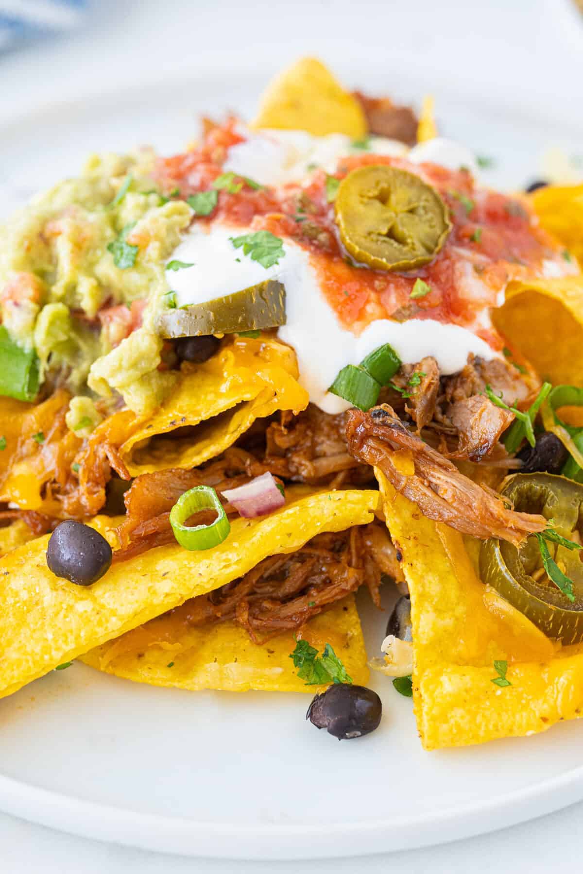 a pile of pulled pork nachos on a plate