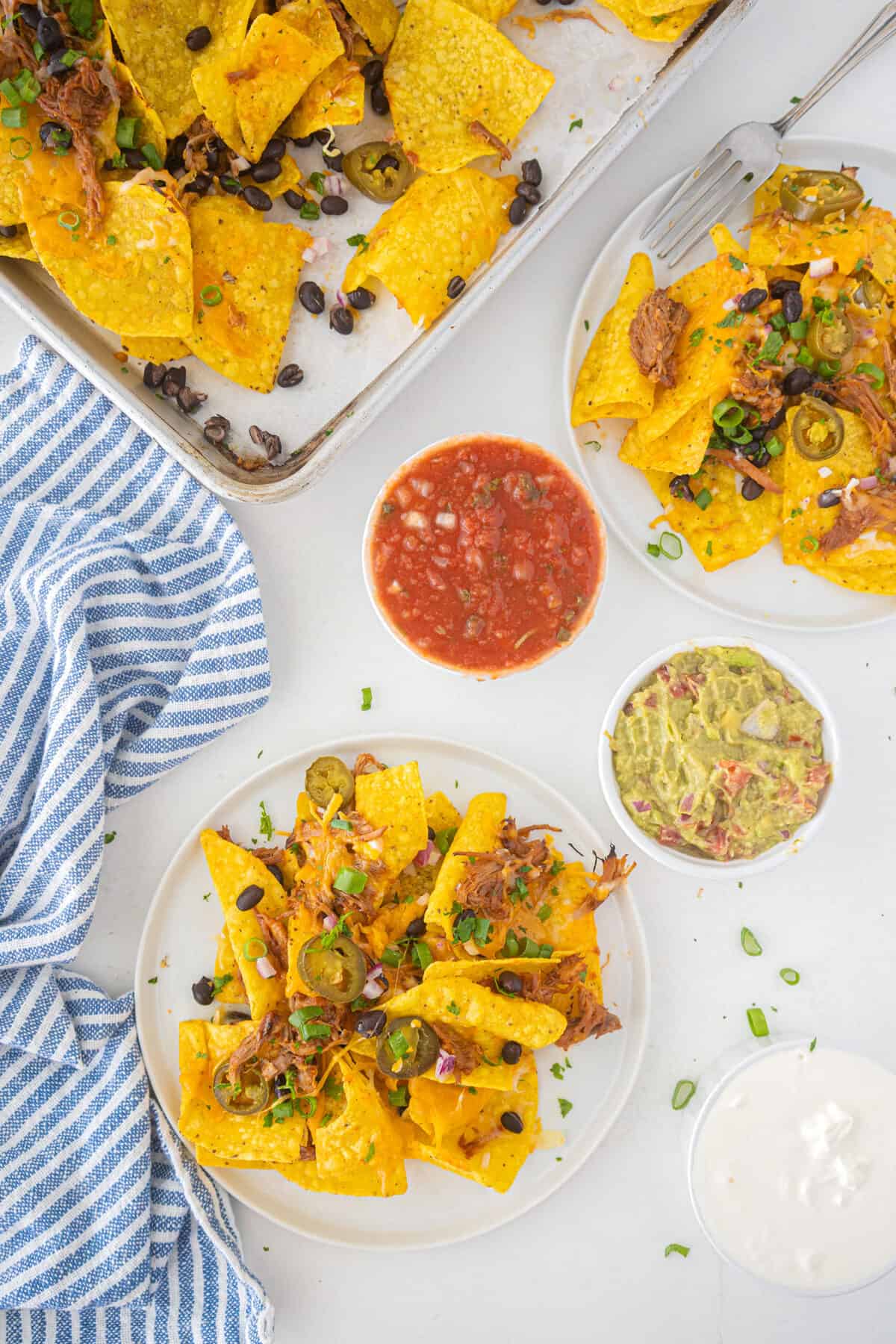 pork nachos on a white plate with salsa and guacamole