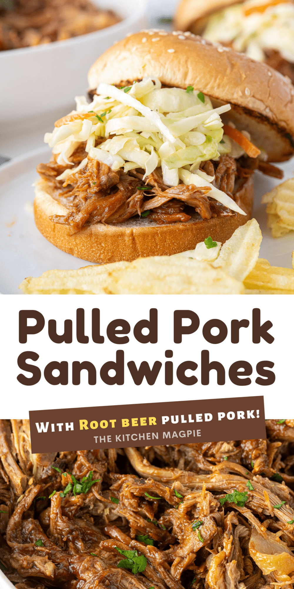 Incredibly easy 3 ingredient pulled pork that is made into pulled pork sandwiches by adding in toasted buns and a fast homemade coleslaw!